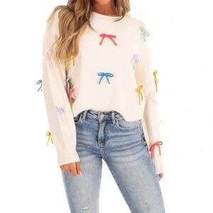Luna Ivy Anthropologie Womens 3D Multicolor Bow Coquette Sweater Crew Neck Small